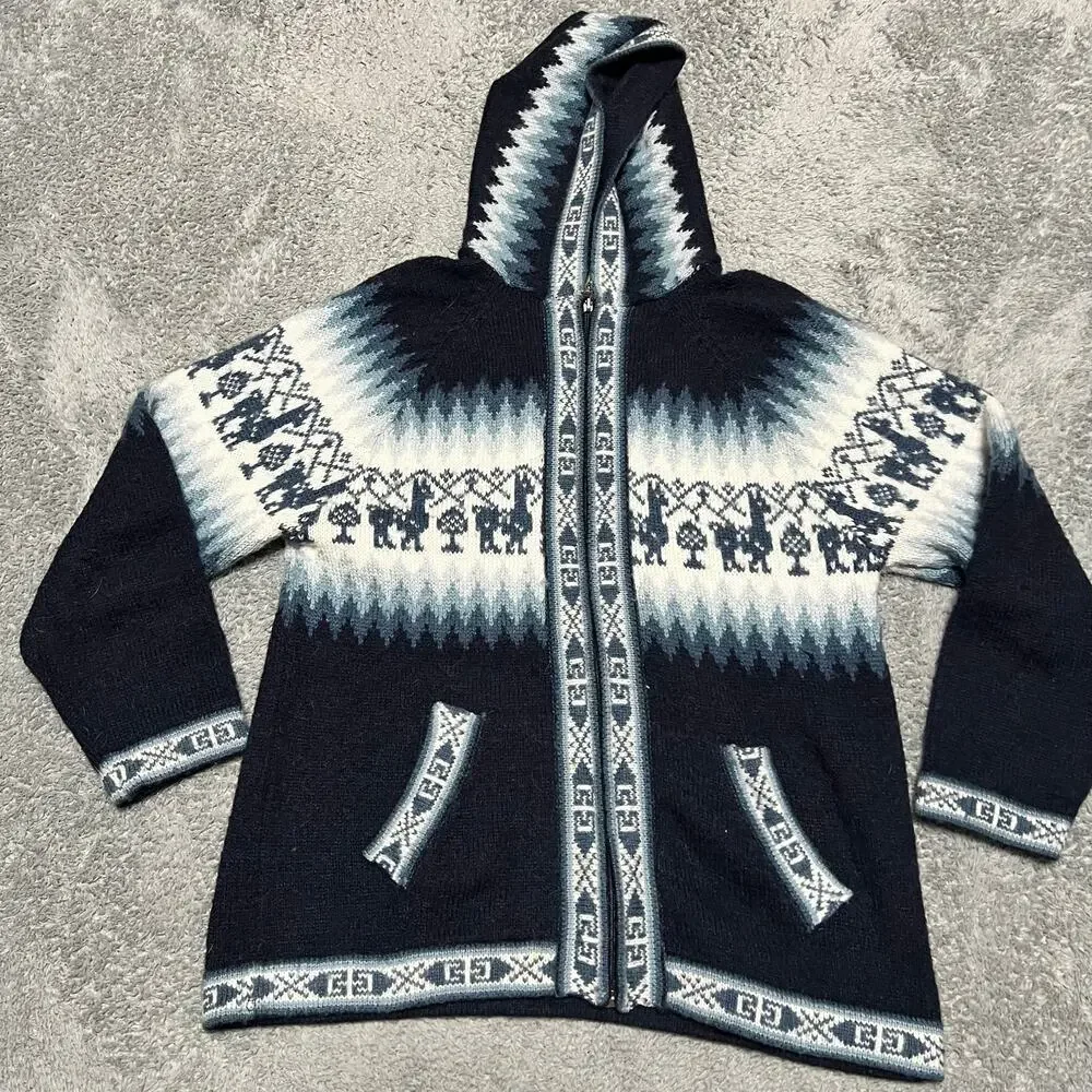 The Alpaca Connection Alpaca Hooded Sweater Womens Small Made in Peru Blue Aztec